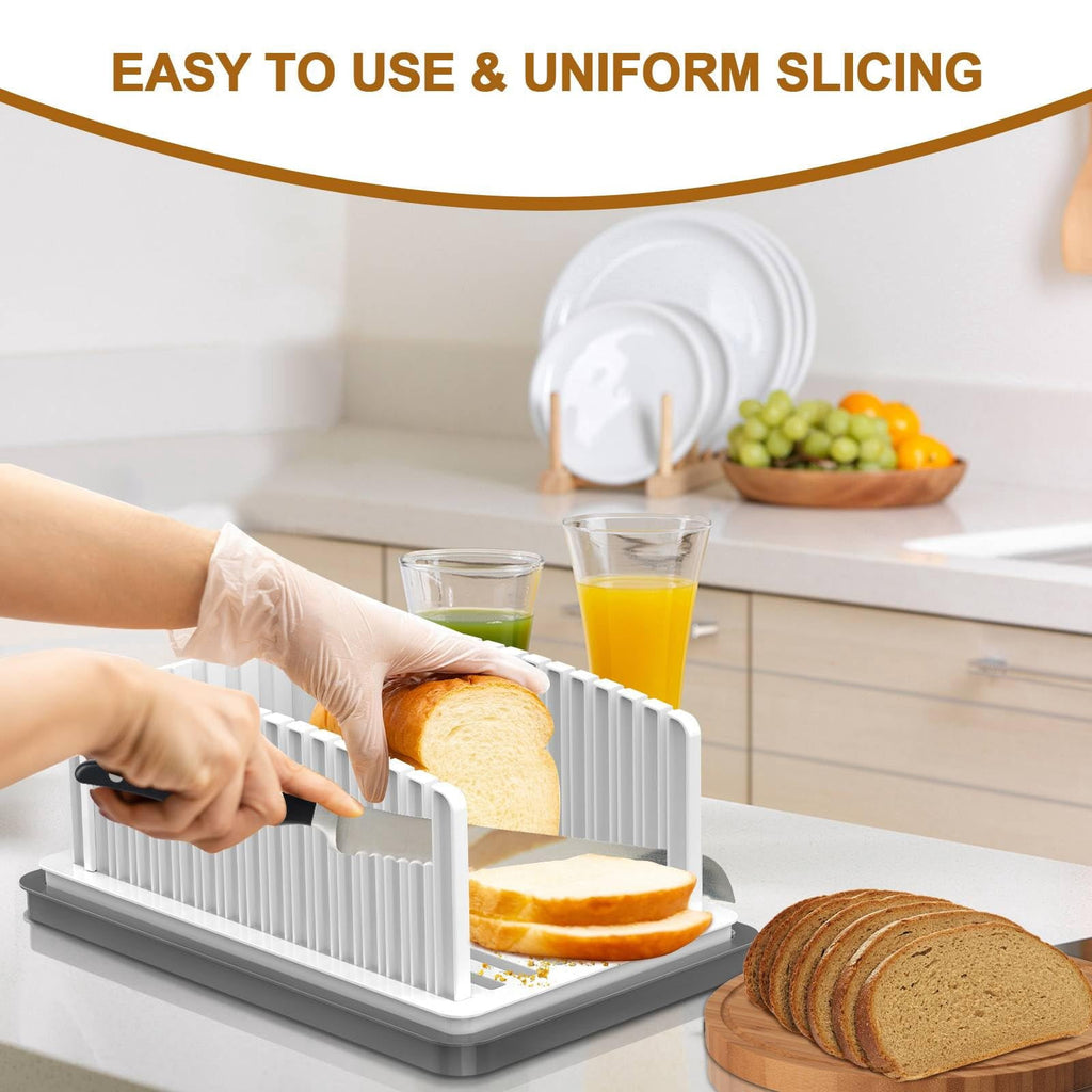 EssPur New Upgrade Bread Slicer for Homemade Bread, Bread Slicing Guide Adjustable Width, Foldable and Compact Cutting Guide with Crumb Tray, Suitability for Homemade Bread, Bagels, Cakes