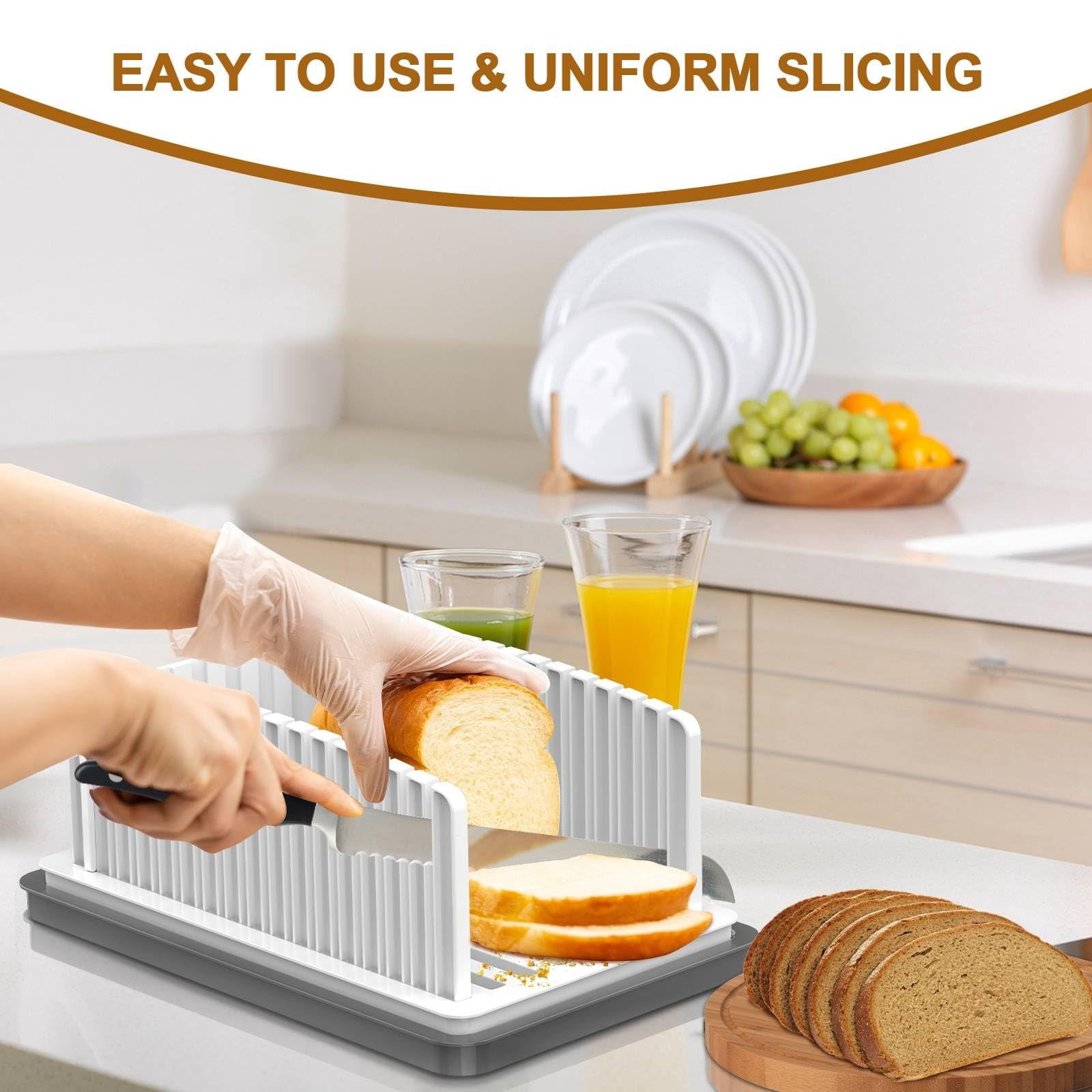 EssPur New Upgrade Bread Slicer for Homemade Bread, Bread Slicing Guide Adjustable Width, Foldable and Compact Cutting Guide with Crumb Tray, Suitability for Homemade Bread, Bagels, Cakes