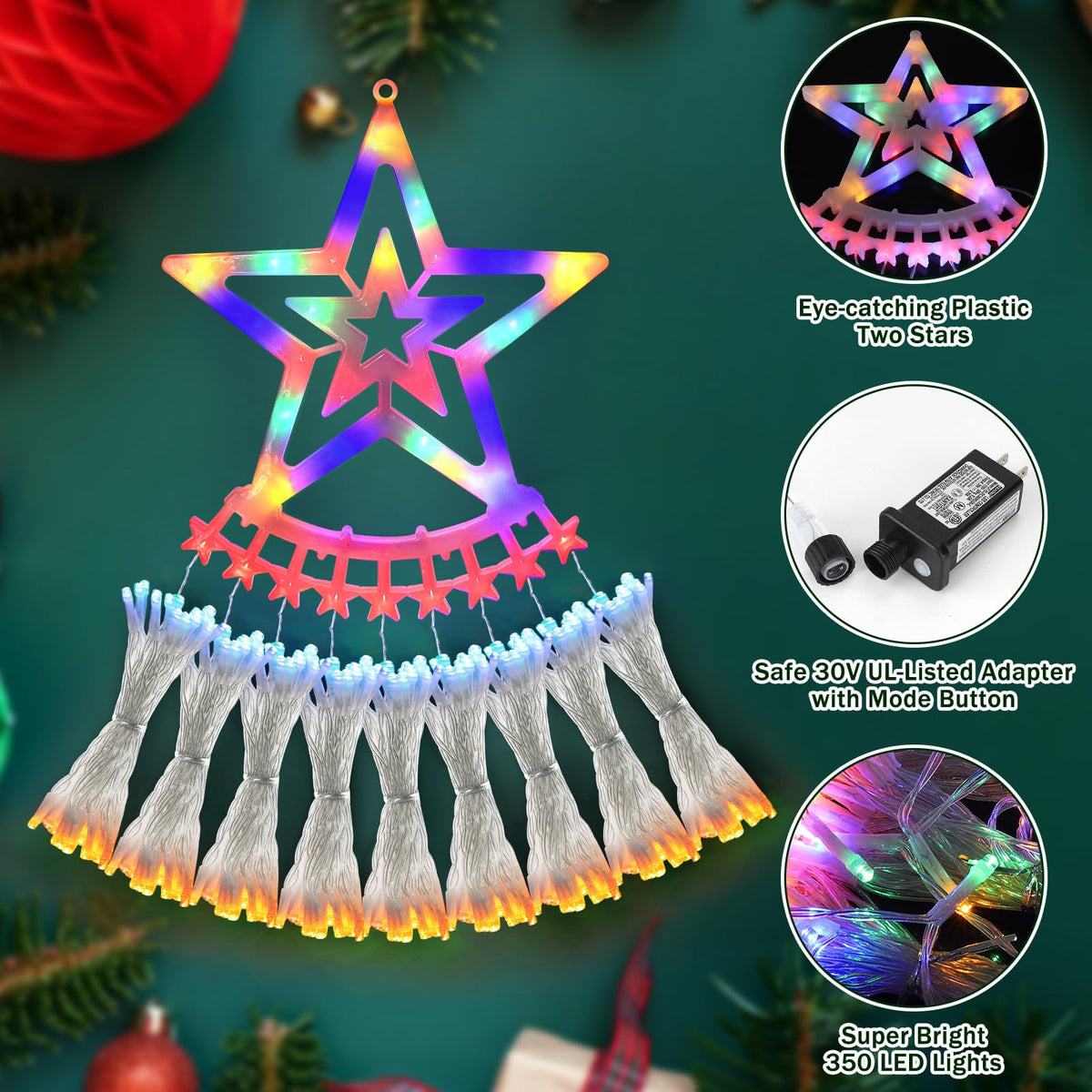 EssPur New Outdoor Christmas Decoration Lights Plug-in 8 Modes & 350 LED Christmas String Waterfall Fairy Tree Lights Indoor Outdoor Holiday Lighting Decorations, Multicolor