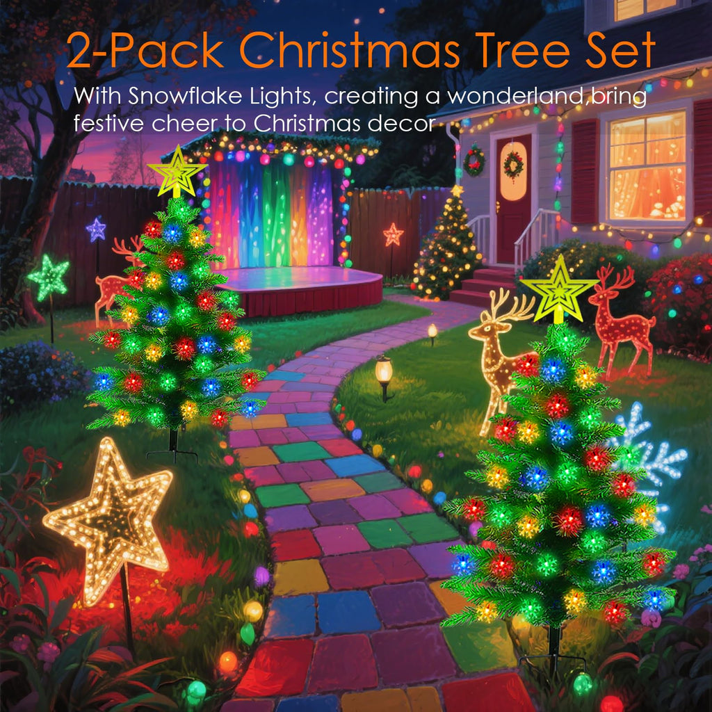 EssPur Solar Christmas Tree Lights Outdoor, 2 Pack 3.6FT Waterproof Xmas Tree Decorations with 100 Snowflake LEDs for Yard, Pathway, Porch, Garden, Lawn, Cemetery