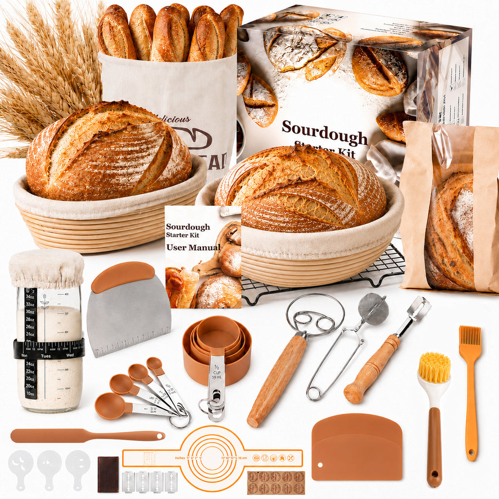EssPur Sourdough Starter Kit with Round & Oval Banneton Bread Proofing Basket, Bread Sling, Starter Jar, Dough Whisk, Scrapers, Stencils, Cooling Rack & Bag Complete Sourdough Bread Baking Supplies