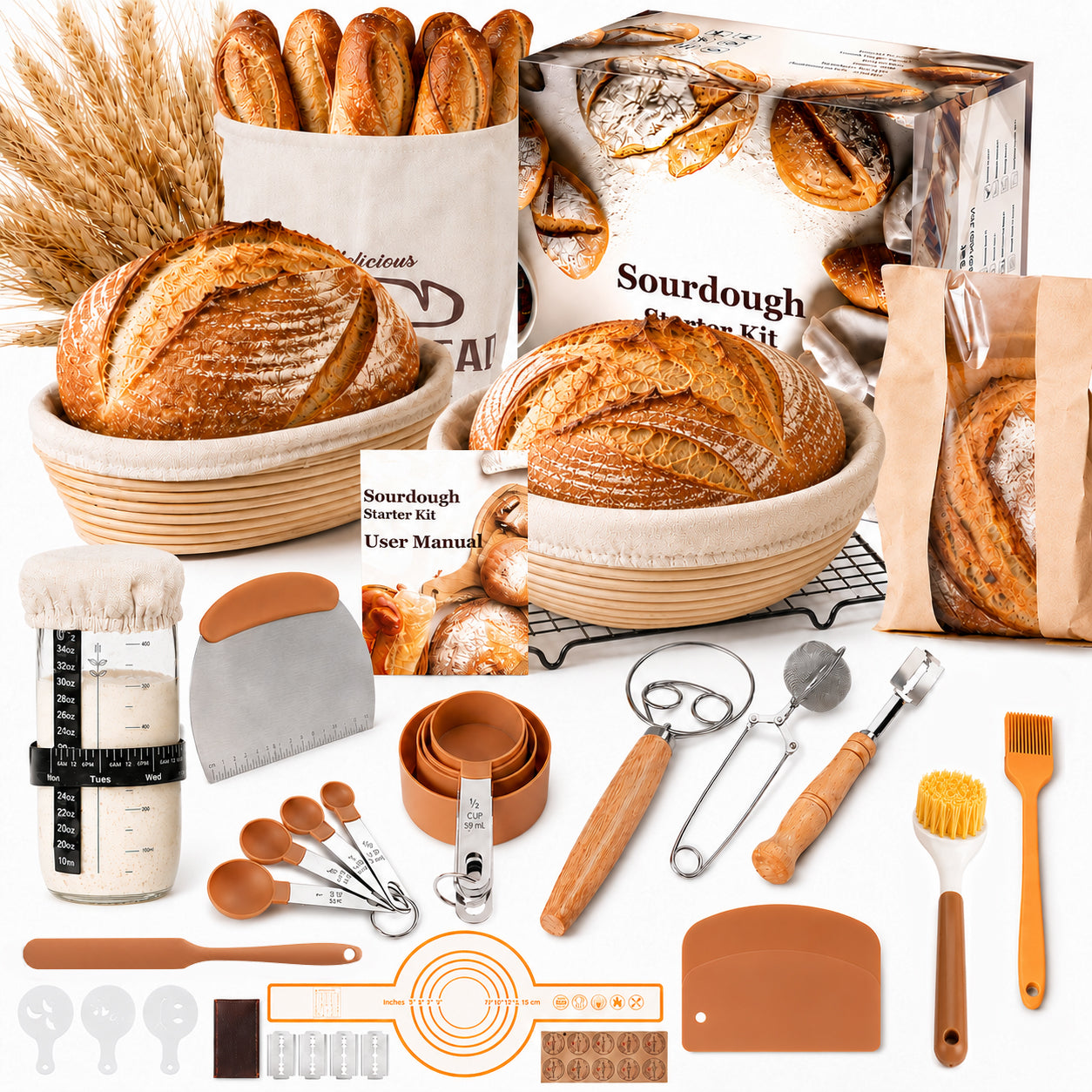 EssPur Sourdough Starter Kit with Round & Oval Banneton Bread Proofing Basket, Bread Sling, Starter Jar, Dough Whisk, Scrapers, Stencils, Cooling Rack & Bag Complete Sourdough Bread Baking Supplies