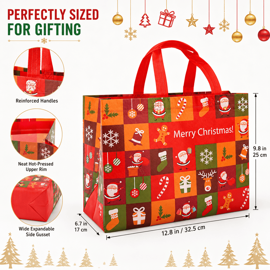 Harjon Christmas Gift Bags,9 Pcs Christmas Tote Bags with Handles for Shopping,Grocery Bags,Gifts Wrapping,Christmas Party Supplies Decorations,12.7"*9.8"*6.7" Reusable Gift Bags