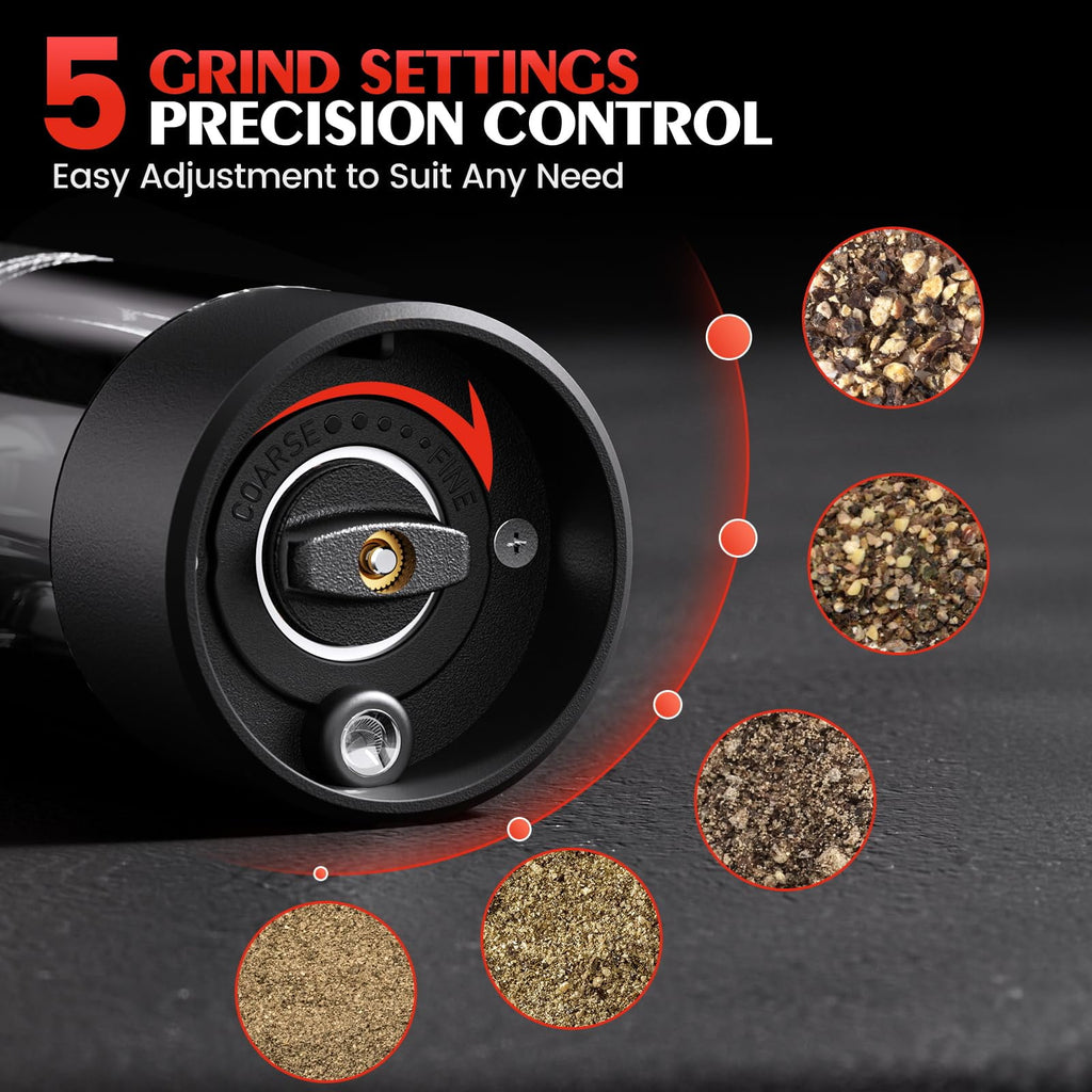 Harjon Electric Salt and Pepper Grinder Set Automatic Battery Pepper Mill Shakers Adjustable Coarseness Easy Filling Upgraded Larger Capacity with Led (2 Pack Black/Black）