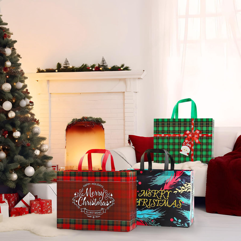 EssPur Extra Large Christmas Gift Bags 12 Pack Extra Large Gift Bags Jumbo with Handle Reusable Non-Woven XL Xmas Presents Wrapping Holiday Bags Tote Size 16.7 * 6.9 * 12.6in