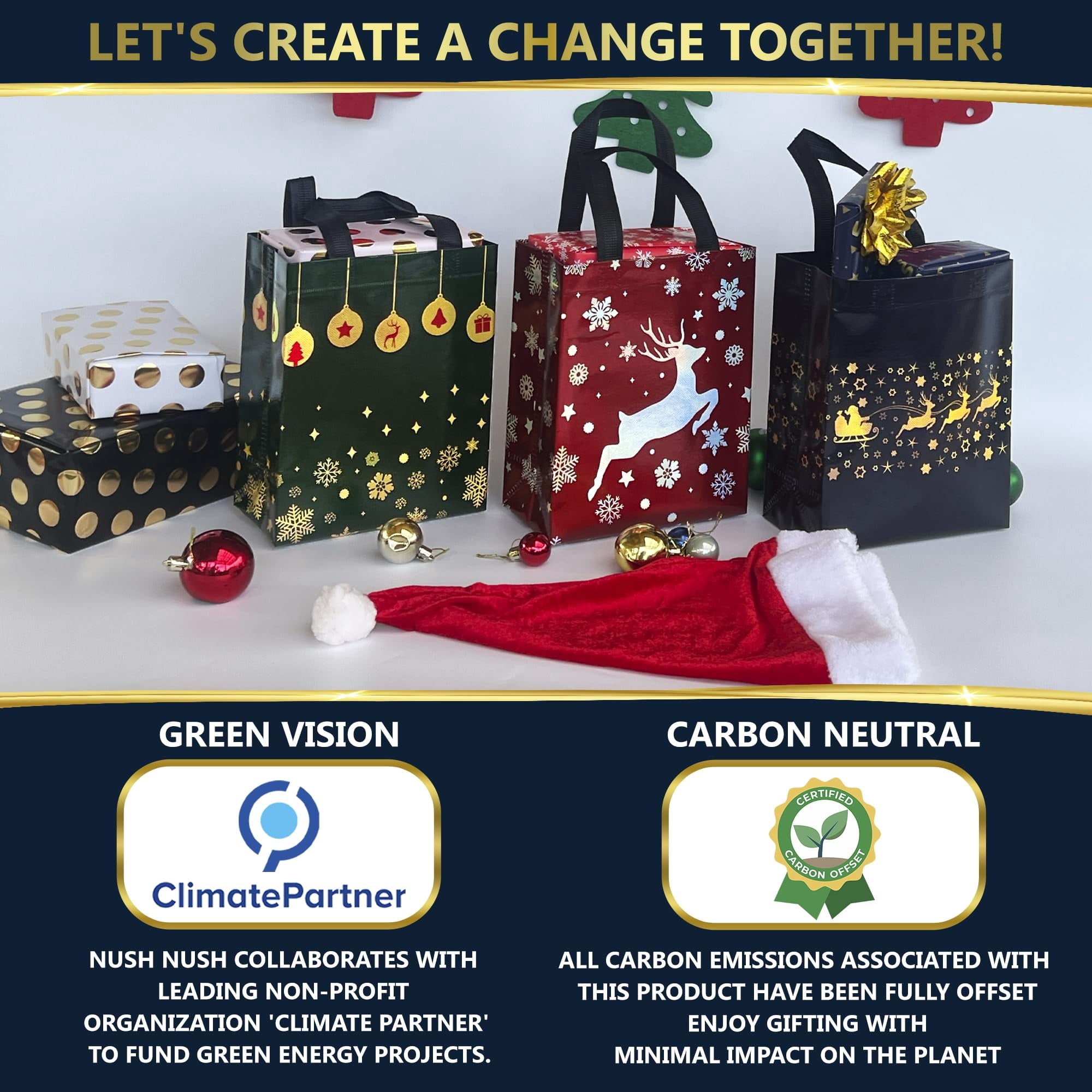 EssPur Christmas Bags – 12 Reusable Gift Bags - Festive Mix Set Of Red, Green & Navy Blue Gift Bags With Handles - Christmas Bags, Goodie Bags, Party Favor Bags - 8 x 4x 10 Medium Size