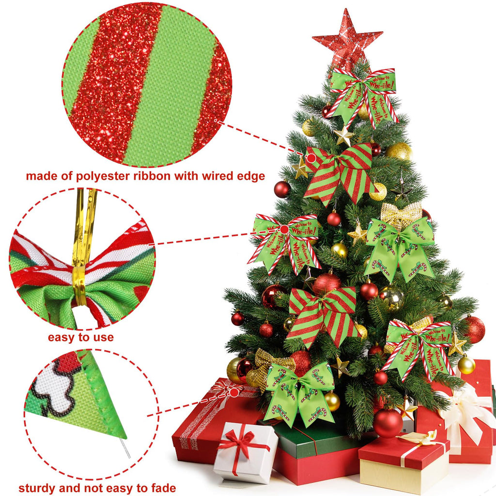 EssPur 12 Pcs Red Green Christmas Bows,6 Inch Large Christmas Wreaths Bows for Tree Gift Wrapping Garland,Christmas Decoration Holiday Party Crafts Xmas Tree Ribbon Ornaments (Pattern)