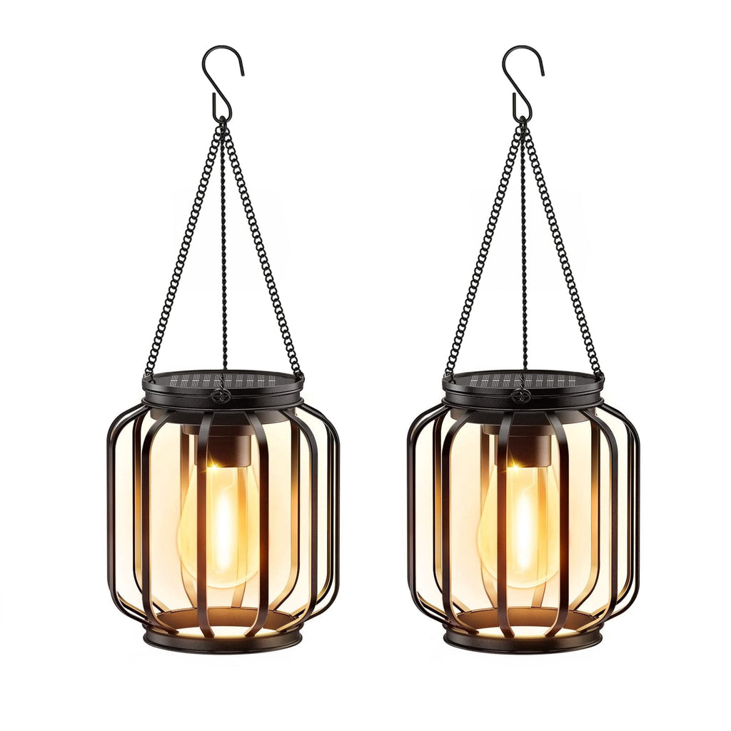 EssPur Solar Hanging Lanterns Outdoor: 2 Pack Metal Solar Hanging Lights with Hook, Bright - Warm Waterproof LED Lanterns for Outside, Solar-Powered Light for Yard Garden Patio Porch Decor