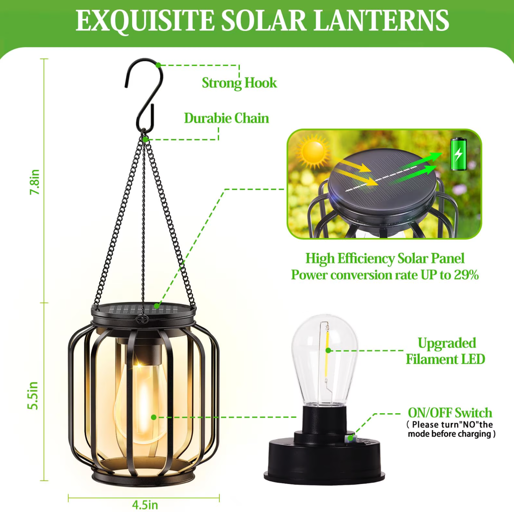 EssPur Solar Hanging Lanterns Outdoor: 2 Pack Metal Solar Hanging Lights with Hook, Bright - Warm Waterproof LED Lanterns for Outside, Solar-Powered Light for Yard Garden Patio Porch Decor