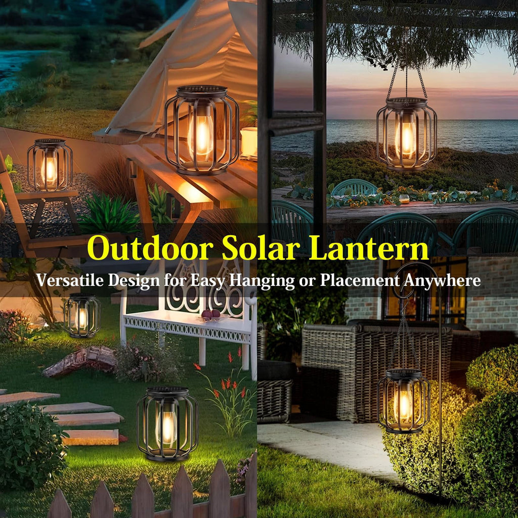 EssPur Solar Hanging Lanterns Outdoor: 2 Pack Metal Solar Hanging Lights with Hook, Bright - Warm Waterproof LED Lanterns for Outside, Solar-Powered Light for Yard Garden Patio Porch Decor