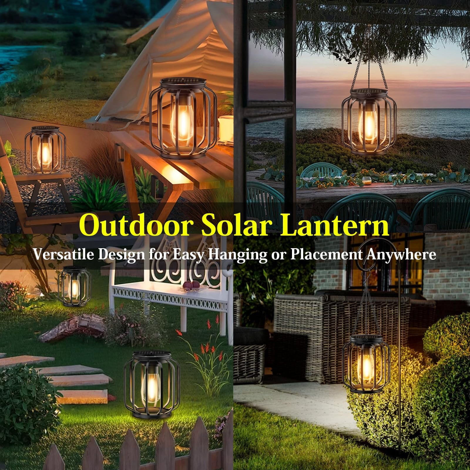 EssPur Solar Hanging Lanterns Outdoor: 2 Pack Metal Solar Hanging Lights with Hook, Bright - Warm Waterproof LED Lanterns for Outside, Solar-Powered Light for Yard Garden Patio Porch Decor