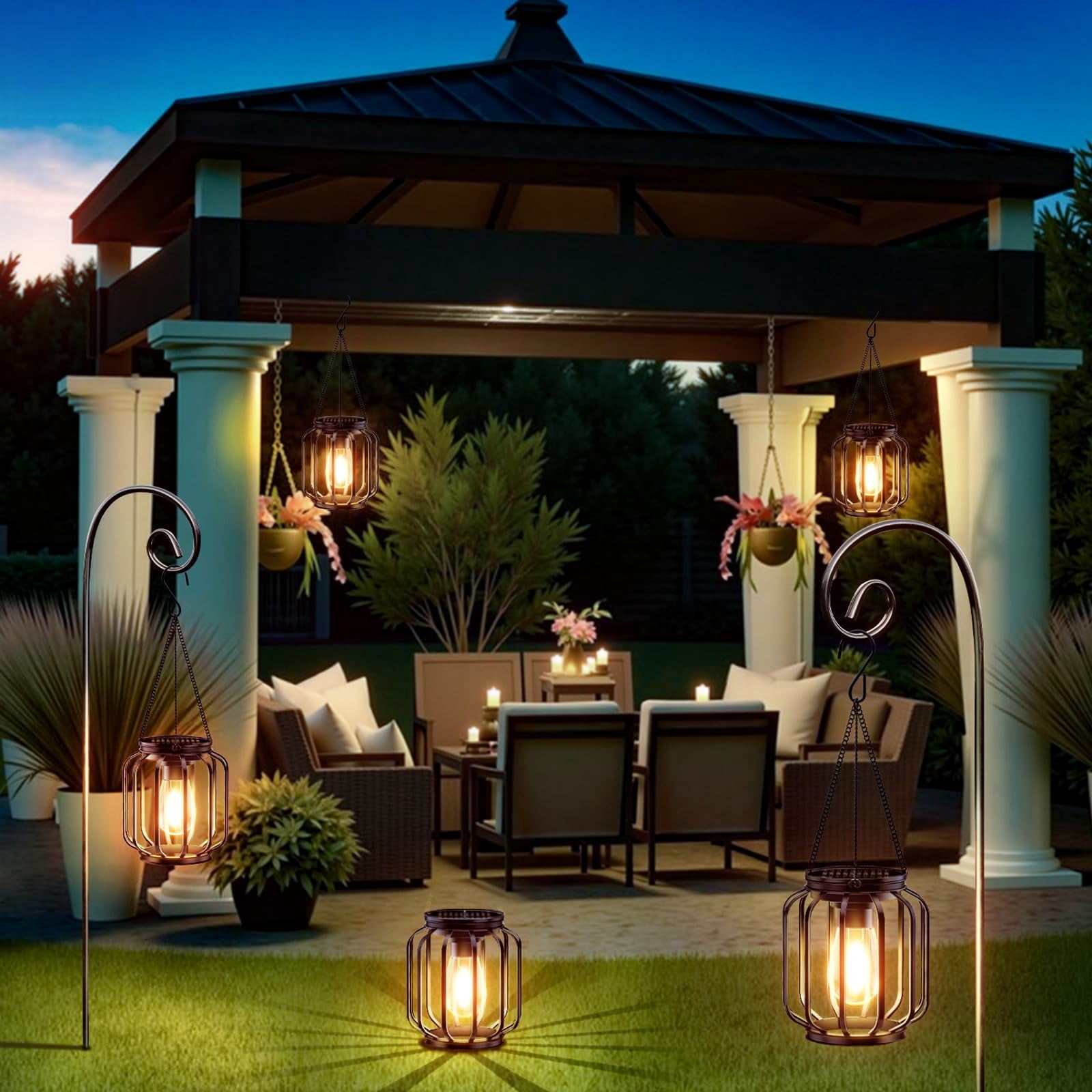 EssPur Solar Hanging Lanterns Outdoor: 2 Pack Metal Solar Hanging Lights with Hook, Bright - Warm Waterproof LED Lanterns for Outside, Solar-Powered Light for Yard Garden Patio Porch Decor