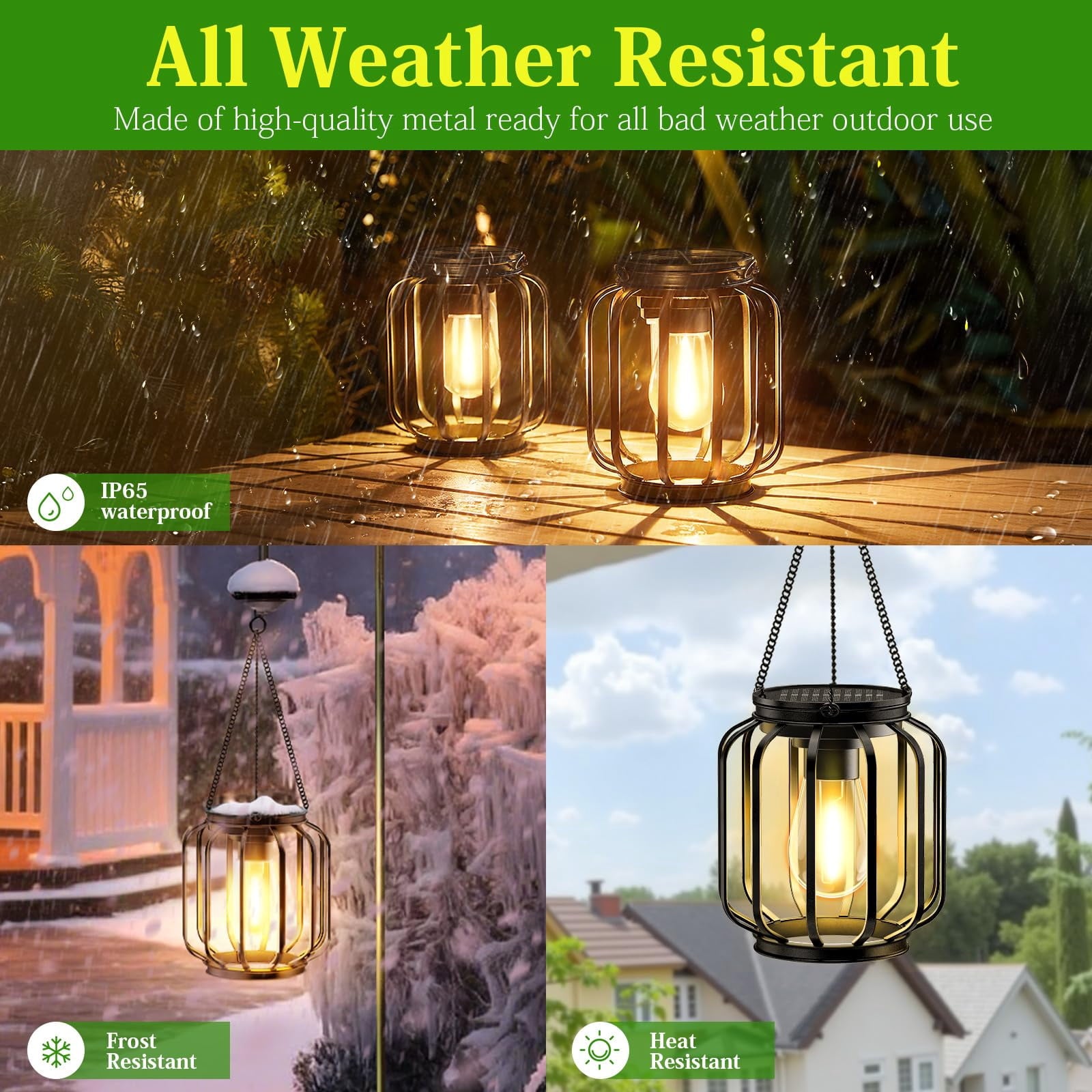 EssPur Solar Hanging Lanterns Outdoor: 2 Pack Metal Solar Hanging Lights with Hook, Bright - Warm Waterproof LED Lanterns for Outside, Solar-Powered Light for Yard Garden Patio Porch Decor