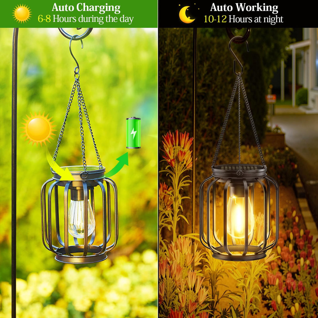 EssPur Solar Hanging Lanterns Outdoor: 2 Pack Metal Solar Hanging Lights with Hook, Bright - Warm Waterproof LED Lanterns for Outside, Solar-Powered Light for Yard Garden Patio Porch Decor