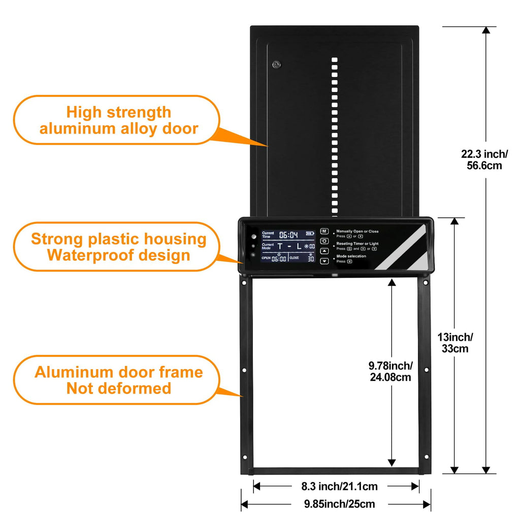 Harjon Automatic Chicken Coop Door Solar Powered, LCD Display Automatic Chicken Door with Timer & Light Sensor, Aluminum Alloy Chicken Door with Remote Control & 4 Modes Automatic Chicken Door Solar