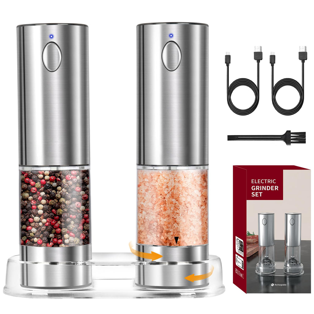 EssPur Electric Salt and Pepper Grinder Set 3.21oz Stainless Steel Rechargeable Automatic Salt and Pepper Mill Grinder with 6 Adjustable Coarseness with LED Light