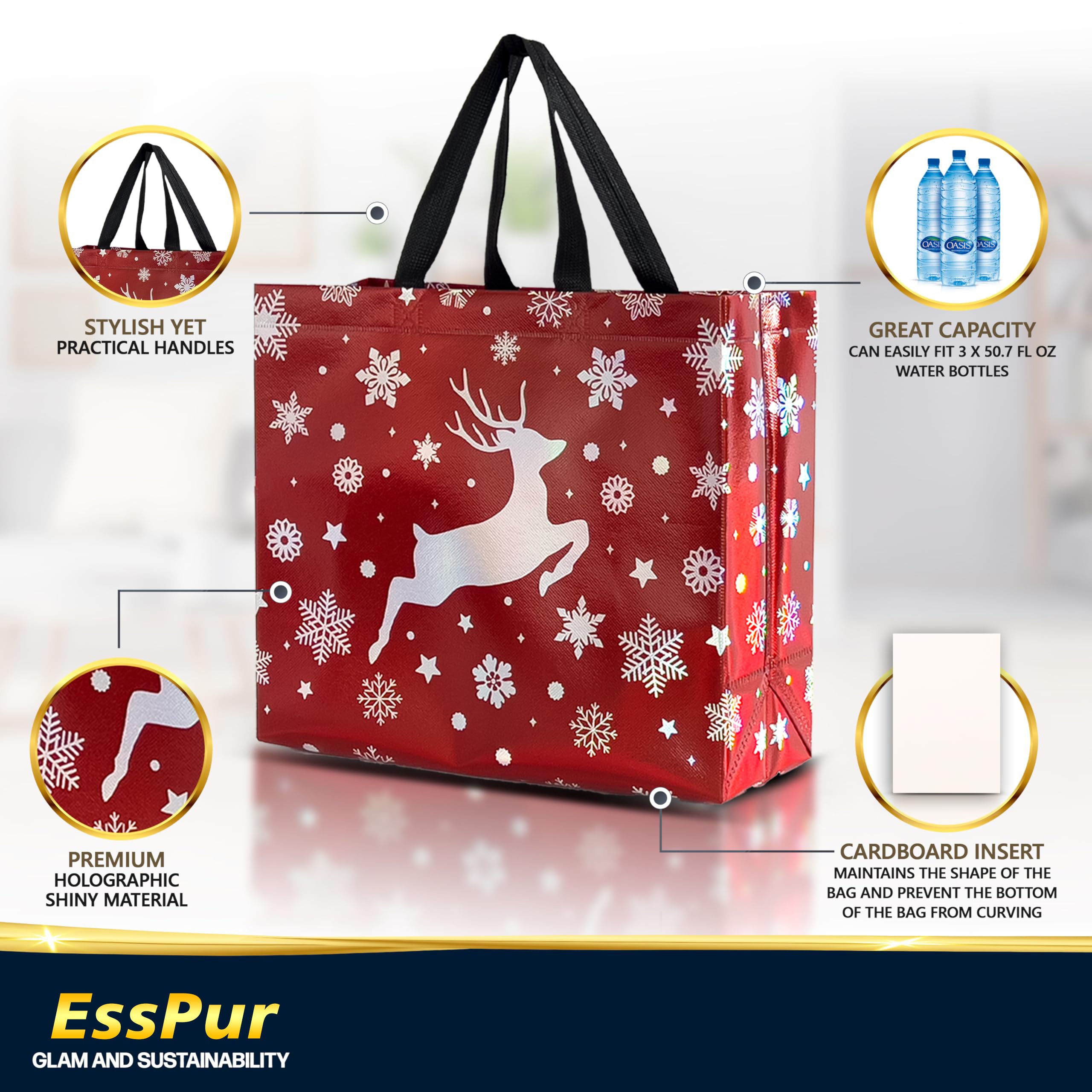 EssPur 12 Reusable Large Christmas Bags – Festive Mix Set With 4 Red Bags, 4 Green Bags & 4 Navy Blue Large Gift Bags With Handles - Christmas Bags In Bulk, Party Favor Bags - 13x5x11 Size