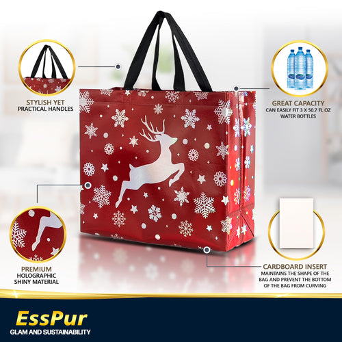 EssPur 12 Reusable Large Christmas Bags – Festive Mix Set With 4 Red Bags, 4 Green Bags & 4 Navy Blue Large Gift Bags With Handles - Christmas Bags In Bulk, Party Favor Bags - 13x5x11 Size