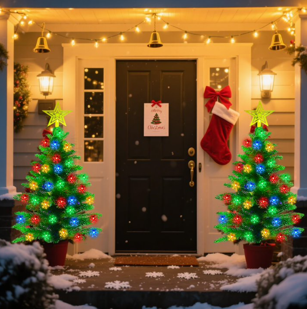 EssPur Solar Christmas Tree Lights Outdoor, 2 Pack 3.6FT Waterproof Xmas Tree Decorations with 100 Snowflake LEDs for Yard, Pathway, Porch, Garden, Lawn, Cemetery