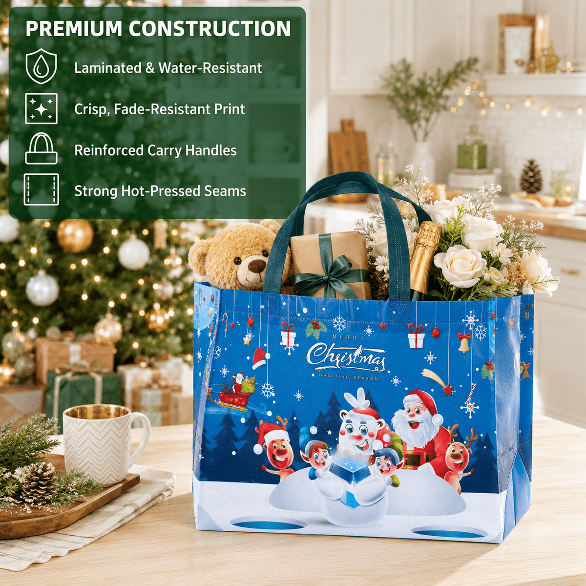 Harjon Christmas Gift Bags,9 Pcs Christmas Tote Bags with Handles for Shopping,Grocery Bags,Gifts Wrapping,Christmas Party Supplies Decorations,12.7"*9.8"*6.7" Reusable Gift Bags