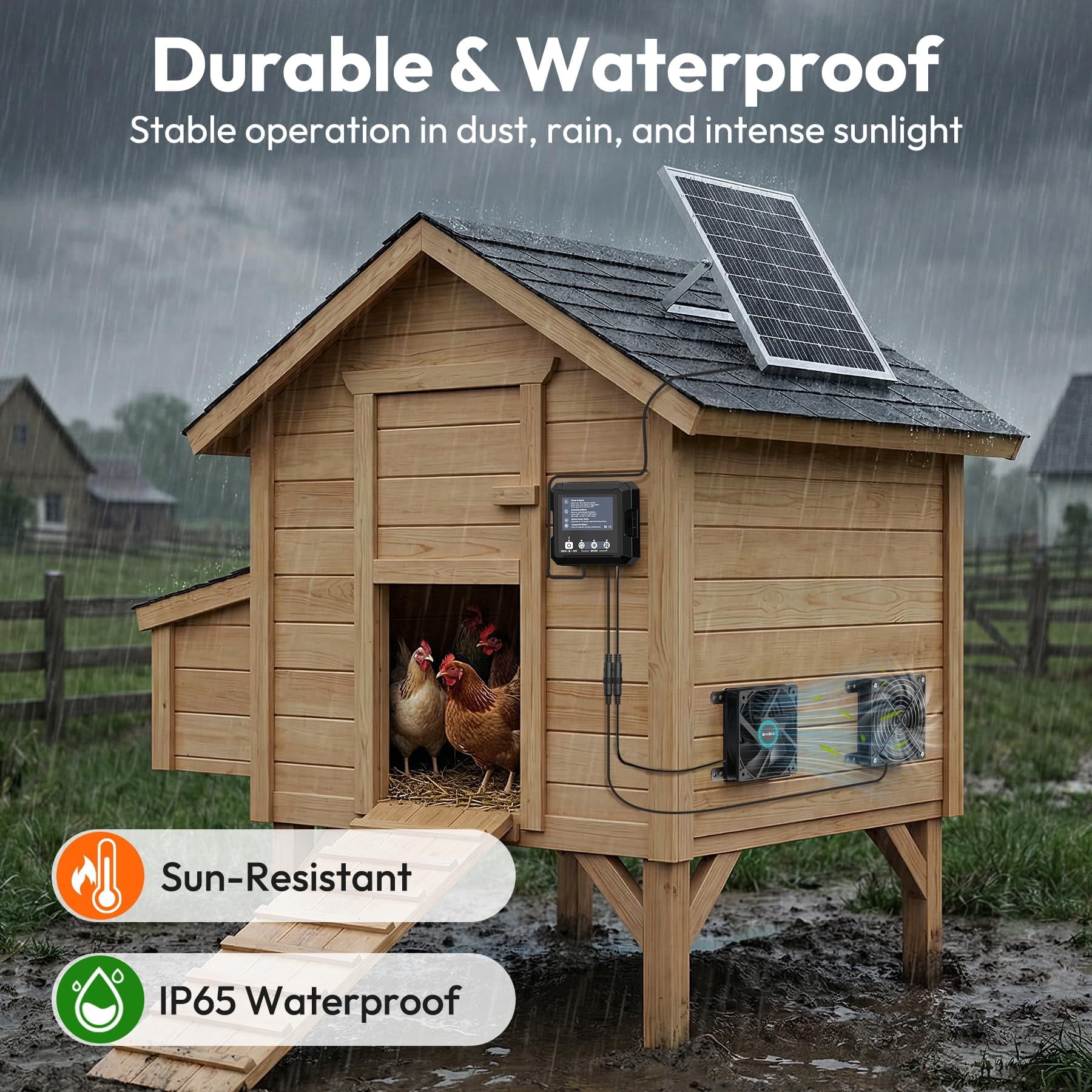 COUTEER 25W Smart Solar Fan for Chicken Coop, Solar Powered Exhaust Fan with 2500mAh Battery, 3 Modes, IP65 Waterproof Ventilation Fan for Greenhouse, Dog House, Shed, Garage Cooling