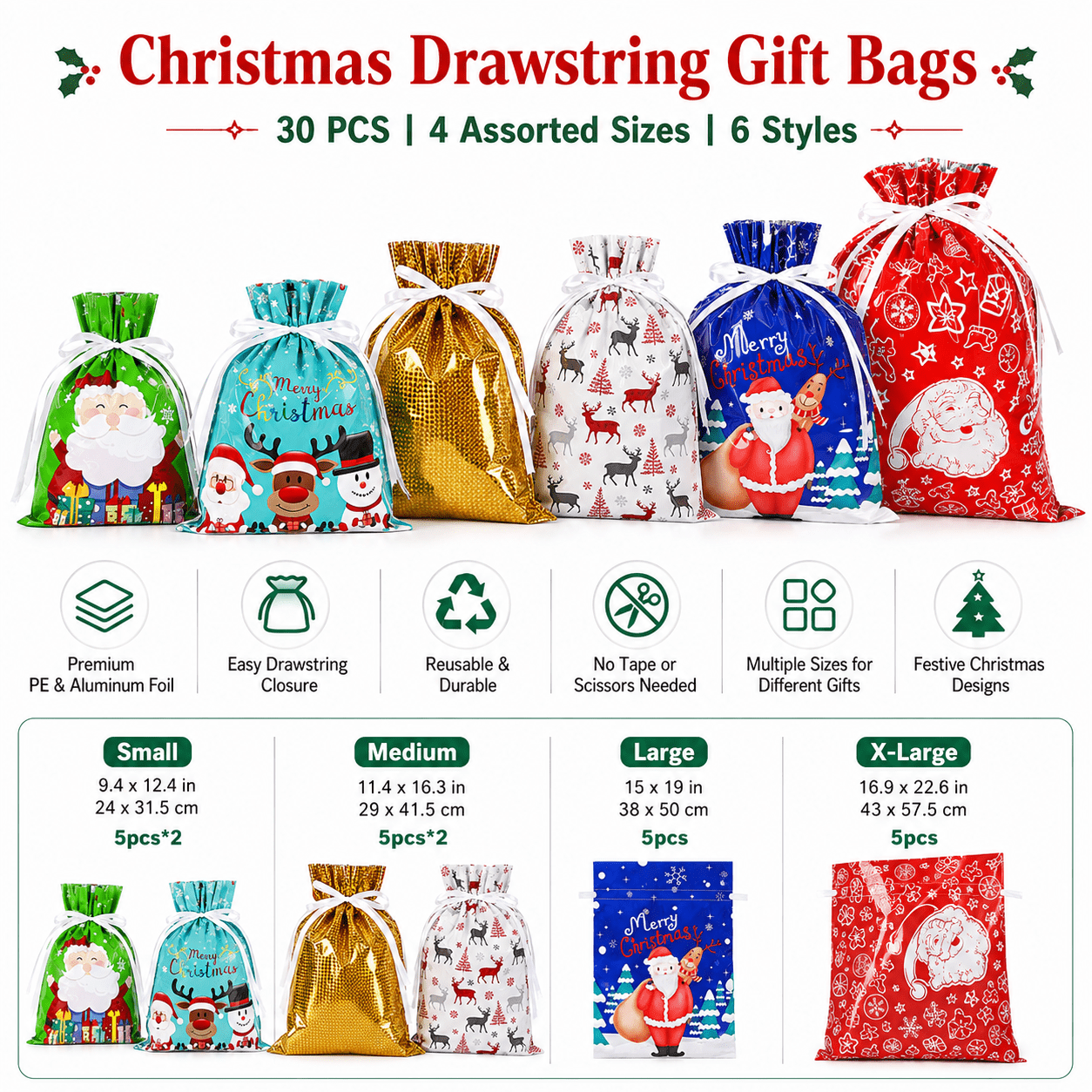 COUTEER 30PCS Christmas Drawstring Gift Bags, Holiday Foil Gift Wrapping Bags Assorted Sizes Xmas Present Sacks for Gifts, Party Favors & Holiday Packaging