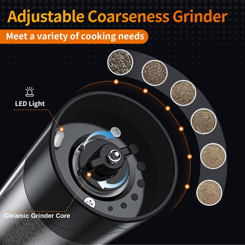 Harjon 2 Pack Electric Salt and Pepper Grinder Set USB Rechargeable with Warm LED Light, Adjustable Coarseness Lidaop Large Capacity Automatic Salt Pepper Mill Grinder for Kitchen, Restaurant, Outdoor
