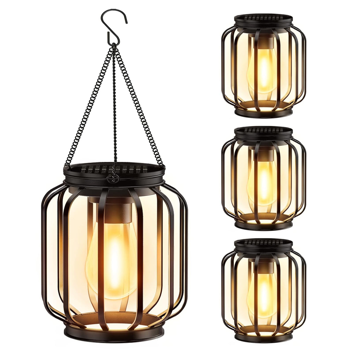 EssPur Solar Hanging Lanterns Outdoor Waterproof: 4 Pack Metal Solar-Powered Lights with Hook, Bright Warm Lantern Decor for Outside, Classic Outdoor Lighting for Yard Garden Patio Porch Balcony Decorations
