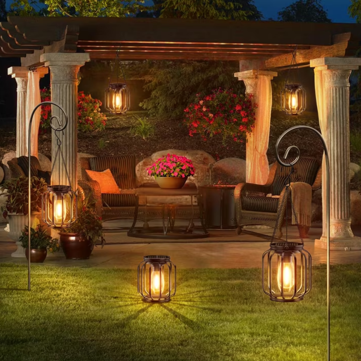 EssPur Solar Hanging Lanterns Outdoor Waterproof: 4 Pack Metal Solar-Powered Lights with Hook, Bright Warm Lantern Decor for Outside, Classic Outdoor Lighting for Yard Garden Patio Porch Balcony Decorations
