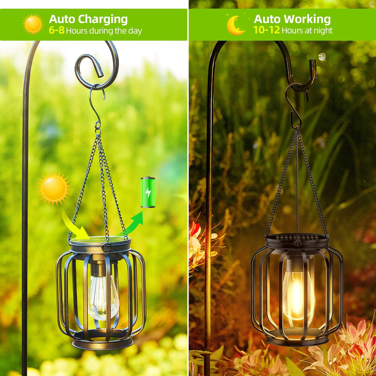 EssPur Solar Hanging Lanterns Outdoor Waterproof: 4 Pack Metal Solar-Powered Lights with Hook, Bright Warm Lantern Decor for Outside, Classic Outdoor Lighting for Yard Garden Patio Porch Balcony Decorations