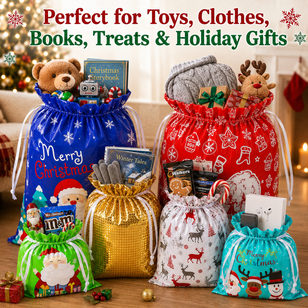 COUTEER 30PCS Christmas Drawstring Gift Bags, Holiday Foil Gift Wrapping Bags Assorted Sizes Xmas Present Sacks for Gifts, Party Favors & Holiday Packaging