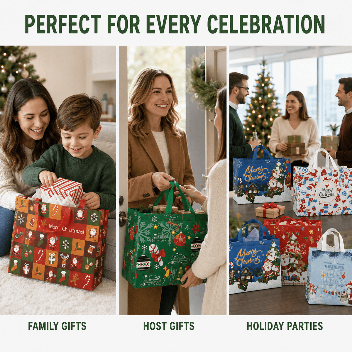 Harjon Christmas Gift Bags,9 Pcs Christmas Tote Bags with Handles for Shopping,Grocery Bags,Gifts Wrapping,Christmas Party Supplies Decorations,12.7"*9.8"*6.7" Reusable Gift Bags