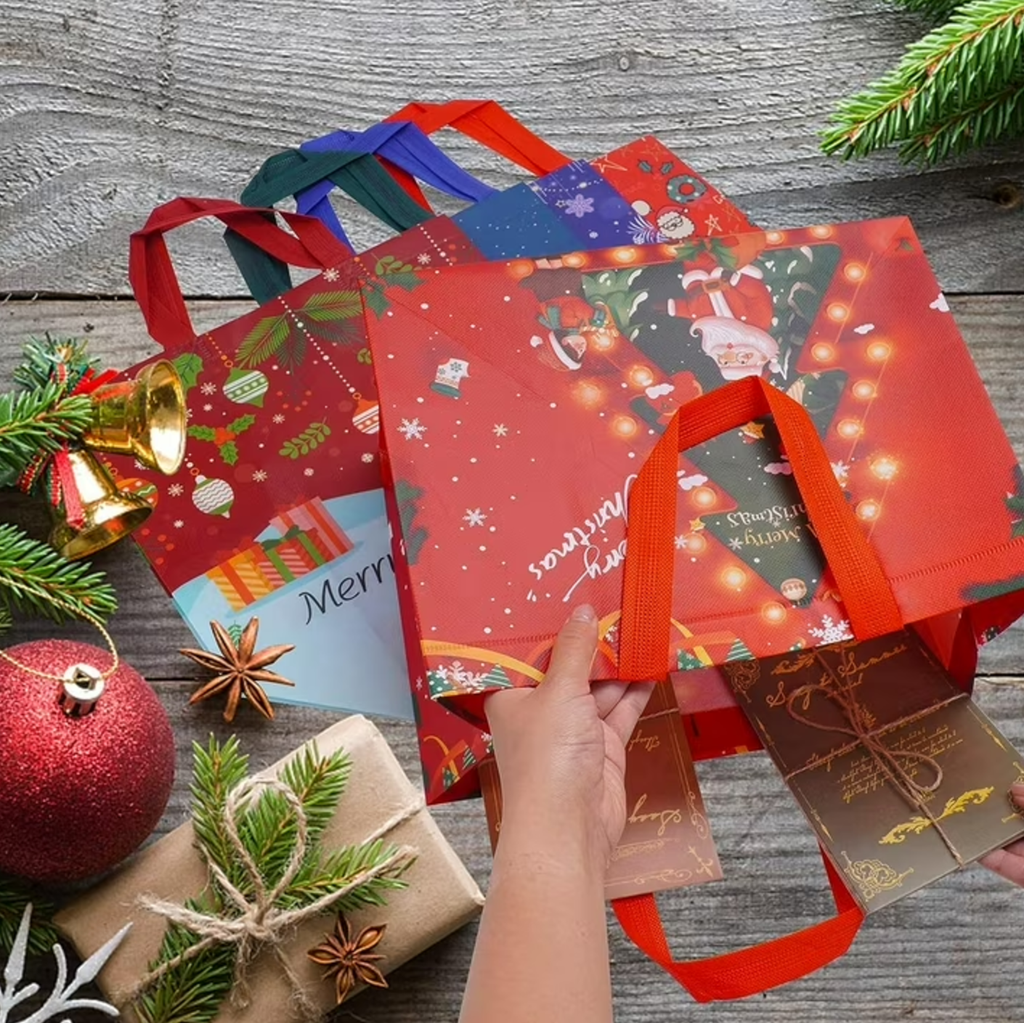 Harjon 12 Pack Christmas Gift Bags Large Reusable Tote Bags, Non-Wove Bags for New Year's Shopping, Christmas Surprise, Xmas Party Supplies,12.8"×9.8"×6.7"