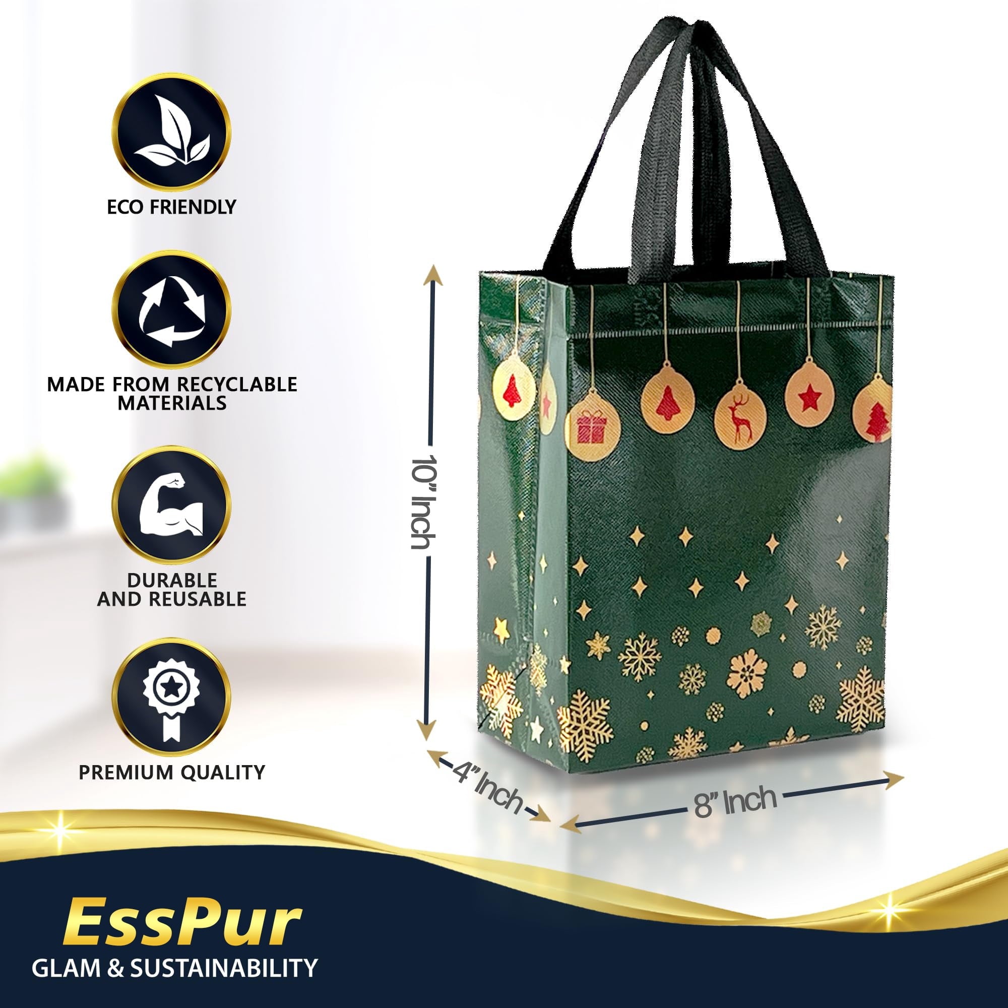 EssPur Christmas Bags – 12 Reusable Gift Bags - Festive Mix Set Of Red, Green & Navy Blue Gift Bags With Handles - Christmas Bags, Goodie Bags, Party Favor Bags - 8 x 4x 10 Medium Size