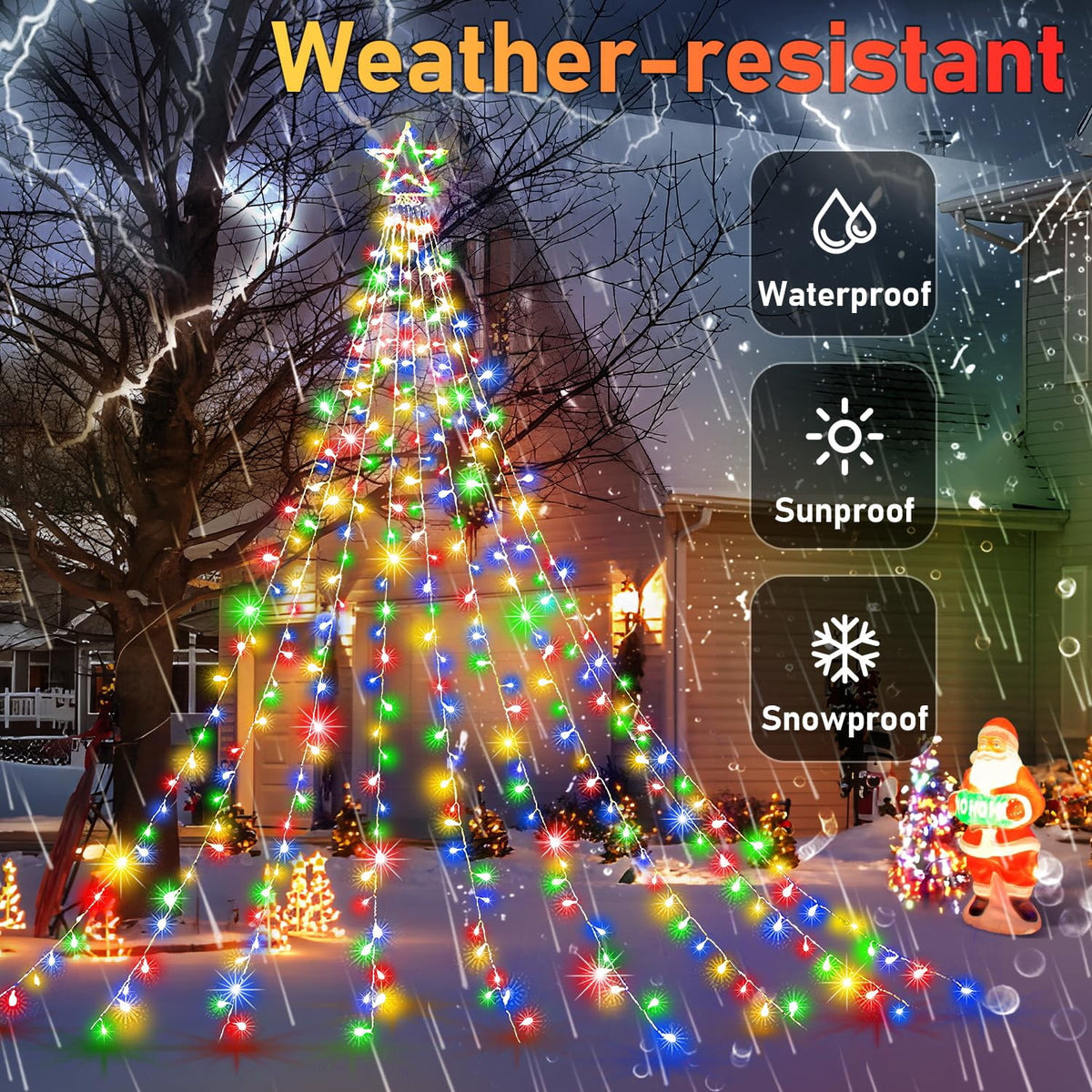 EssPur New Outdoor Christmas Decoration Lights Plug-in 8 Modes & 350 LED Christmas String Waterfall Fairy Tree Lights Indoor Outdoor Holiday Lighting Decorations, Multicolor