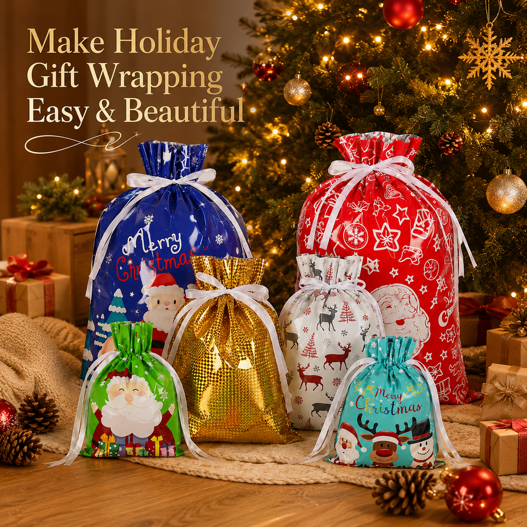 COUTEER 30PCS Christmas Drawstring Gift Bags, Holiday Foil Gift Wrapping Bags Assorted Sizes Xmas Present Sacks for Gifts, Party Favors & Holiday Packaging
