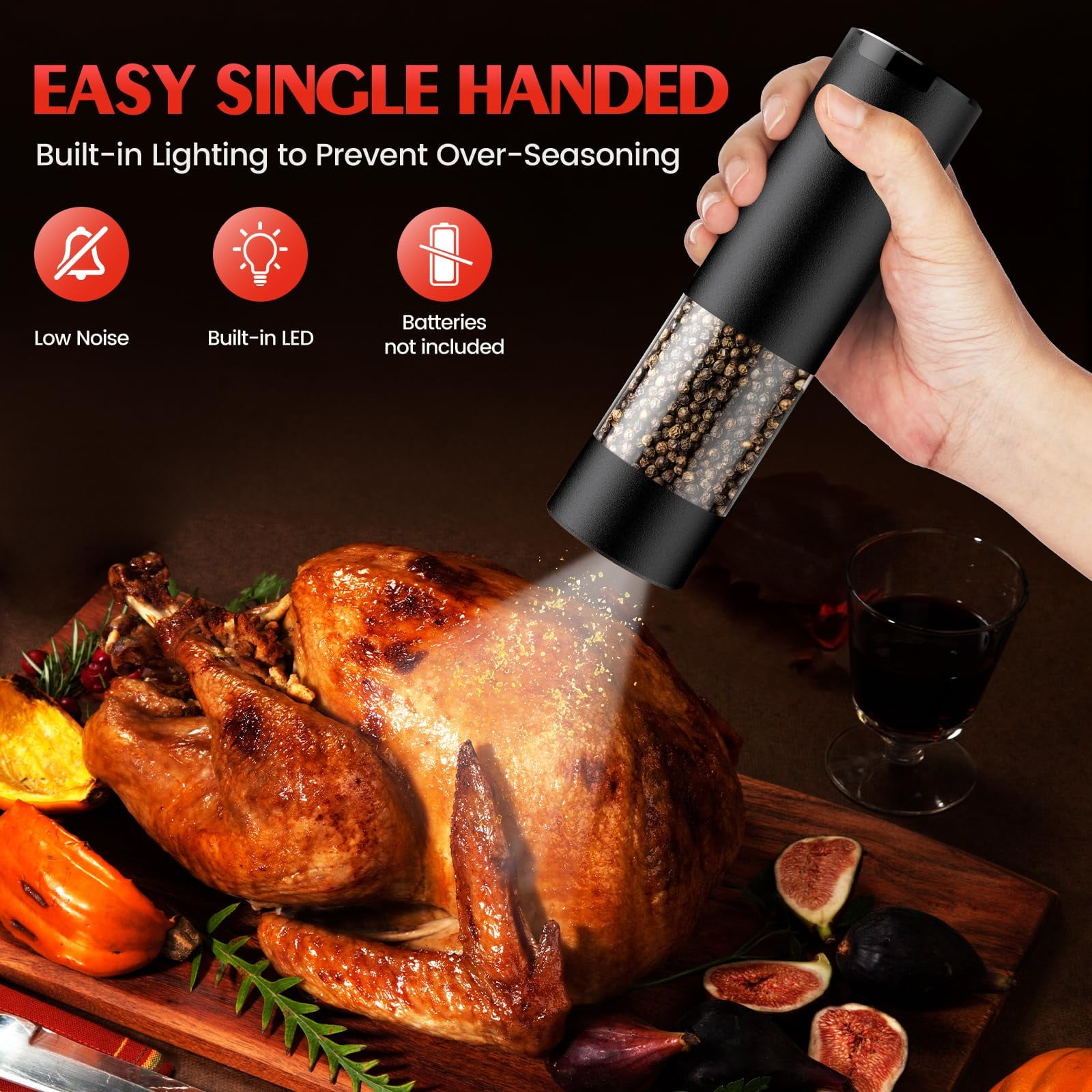 Harjon Electric Salt and Pepper Grinder Set Automatic Battery Pepper Mill Shakers Adjustable Coarseness Easy Filling Upgraded Larger Capacity with Led (2 Pack Black/Black）