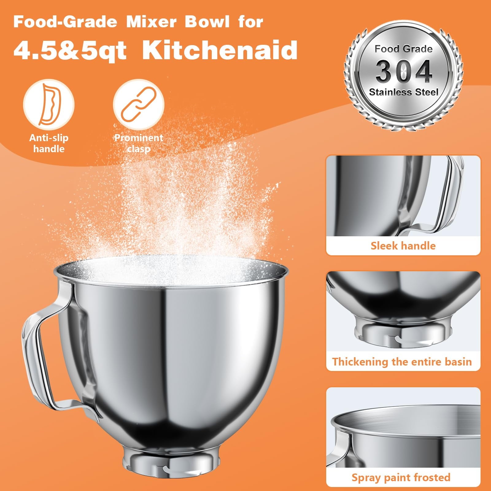 EssPur 5 QT Food-Grade Stainless Steel Mixer Bowl Compatible With KITCHENAID TILT-HEAD STAND MIXERS 4.5-5 Quart, with Anti-slip handle & Prominent Clasp, Stainless Steel Polished