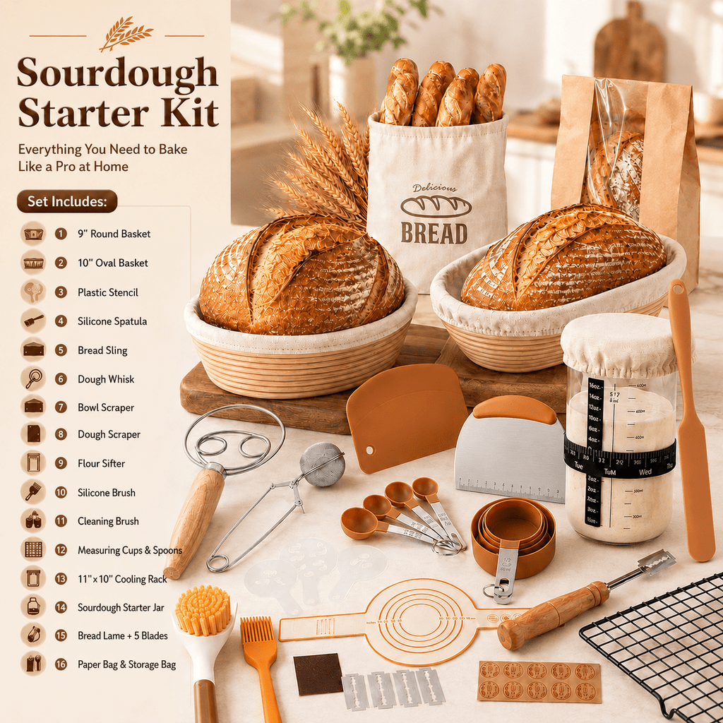 EssPur Sourdough Starter Kit with Round & Oval Banneton Bread Proofing Basket, Bread Sling, Starter Jar, Dough Whisk, Scrapers, Stencils, Cooling Rack & Bag Complete Sourdough Bread Baking Supplies