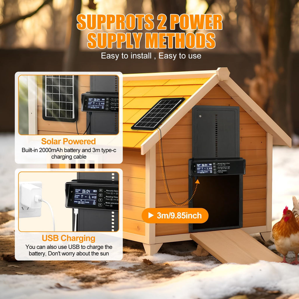 Harjon Automatic Chicken Coop Door Solar Powered, LCD Display Automatic Chicken Door with Timer & Light Sensor, Aluminum Alloy Chicken Door with Remote Control & 4 Modes Automatic Chicken Door Solar
