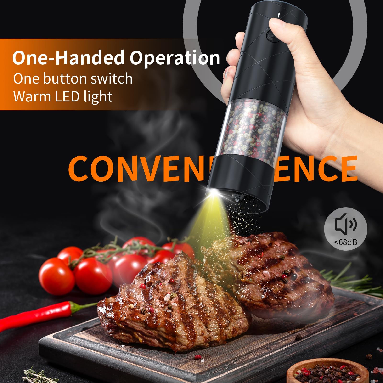 Harjon 2 Pack Electric Salt and Pepper Grinder Set USB Rechargeable with Warm LED Light, Adjustable Coarseness Lidaop Large Capacity Automatic Salt Pepper Mill Grinder for Kitchen, Restaurant, Outdoor