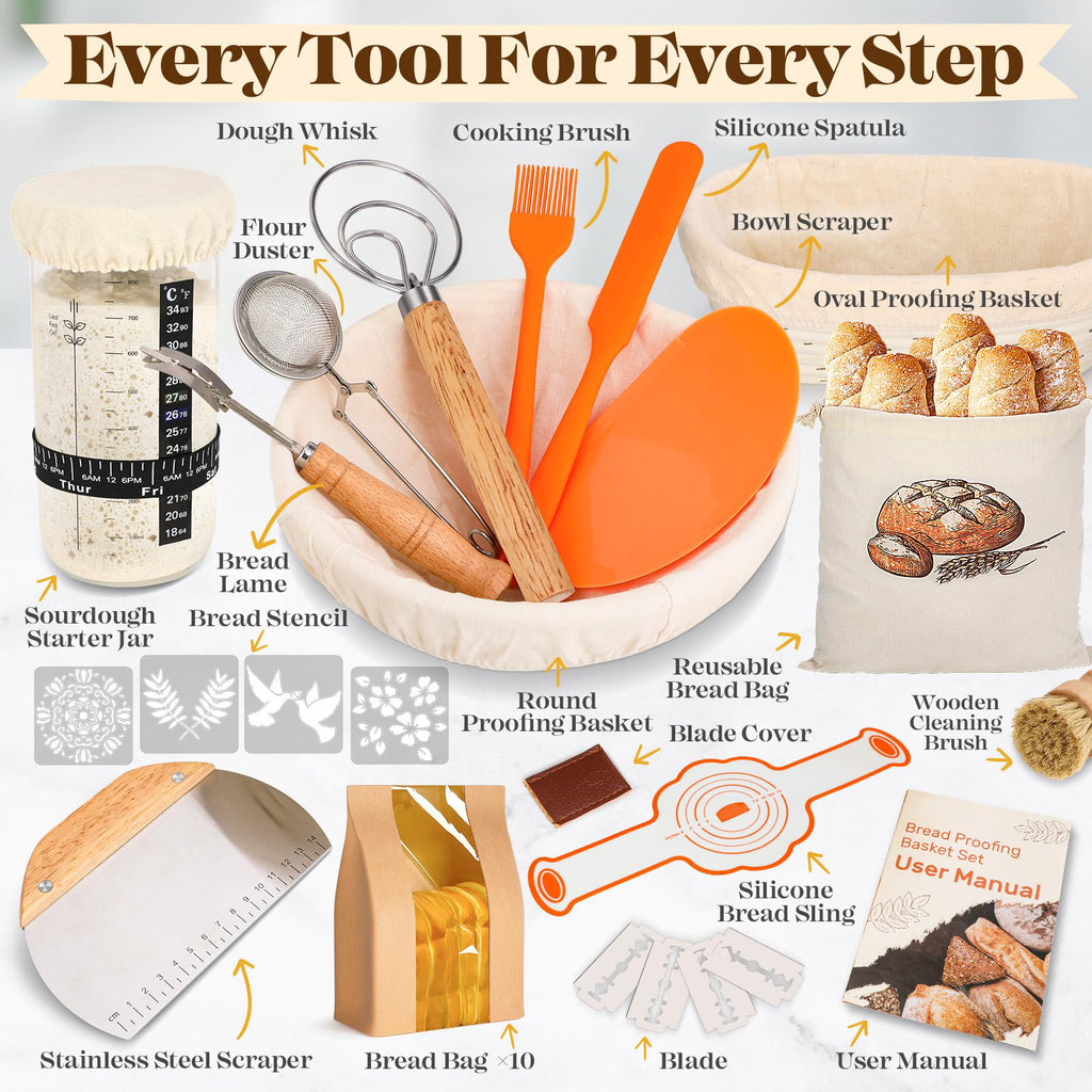 EssPur Sourdough Starter Kit, Complete Bread Baking Supplies with Banneton Proofing Basket, Bread Making Tools Set, Sourdough Kit Gift for Bakers
