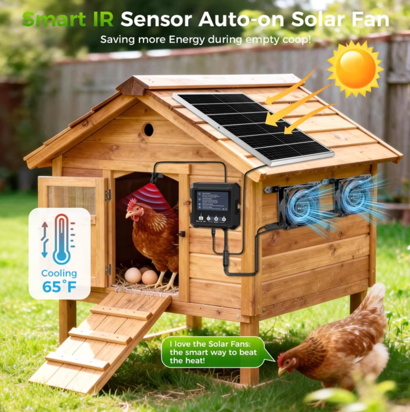 COUTEER 25W Smart Solar Fan for Chicken Coop, Solar Powered Exhaust Fan with 2500mAh Battery, 3 Modes, IP65 Waterproof Ventilation Fan for Greenhouse, Dog House, Shed, Garage Cooling