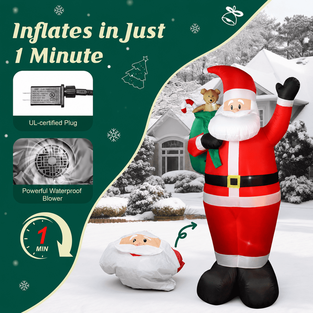 EssPur 6 FT Christmas Inflatable Santa Claus with Gift Bag & Candy Cane, LED Lighted Blow Up Outdoor Christmas Decoration, IP68 Waterproof Holiday Decor for Yard, Lawn, Garden, Porch and Indoor Use