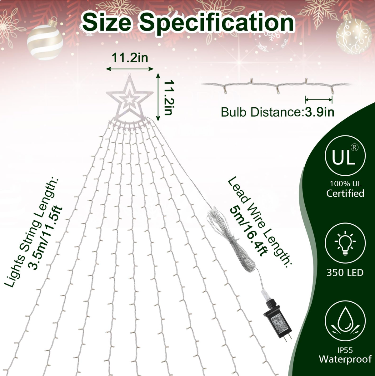 EssPur New Outdoor Christmas Decoration Lights Plug-in 8 Modes & 350 LED Christmas String Waterfall Fairy Tree Lights Indoor Outdoor Holiday Lighting Decorations, Multicolor