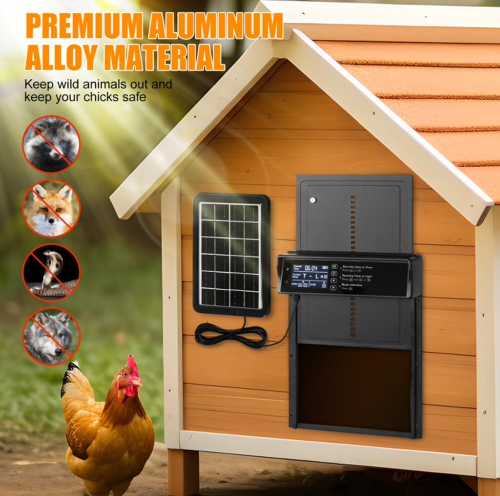 Harjon Automatic Chicken Coop Door Solar Powered, LCD Display Automatic Chicken Door with Timer & Light Sensor, Aluminum Alloy Chicken Door with Remote Control & 4 Modes Automatic Chicken Door Solar