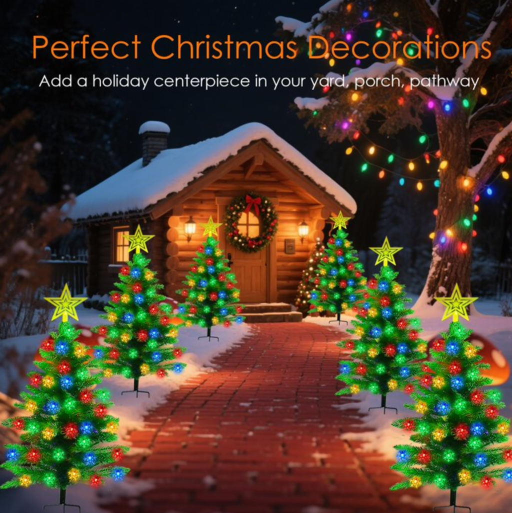 EssPur Solar Christmas Tree Lights Outdoor, 2 Pack 3.6FT Waterproof Xmas Tree Decorations with 100 Snowflake LEDs for Yard, Pathway, Porch, Garden, Lawn, Cemetery