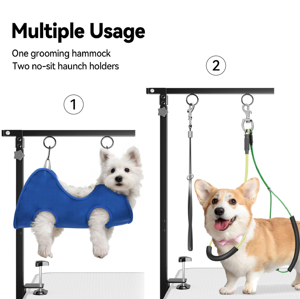 COUTEER Foldable Dog Grooming Arm with Clamp: Adjustable Height 26"-40", Dog Grooming Table Arm with Hammock and No-Sit Holder, Grooming Restraint for Small Medium Dogs at Home or Salon