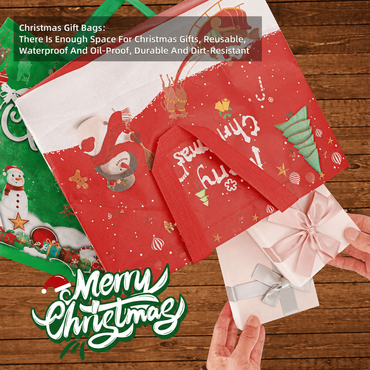 Harjon Christmas Gift Bags,9 Pcs Christmas Tote Bags with Handles for Shopping,Grocery Bags,Gifts Wrapping,Christmas Party Supplies Decorations,12.7"*9.8"*6.7" Reusable Gift Bags