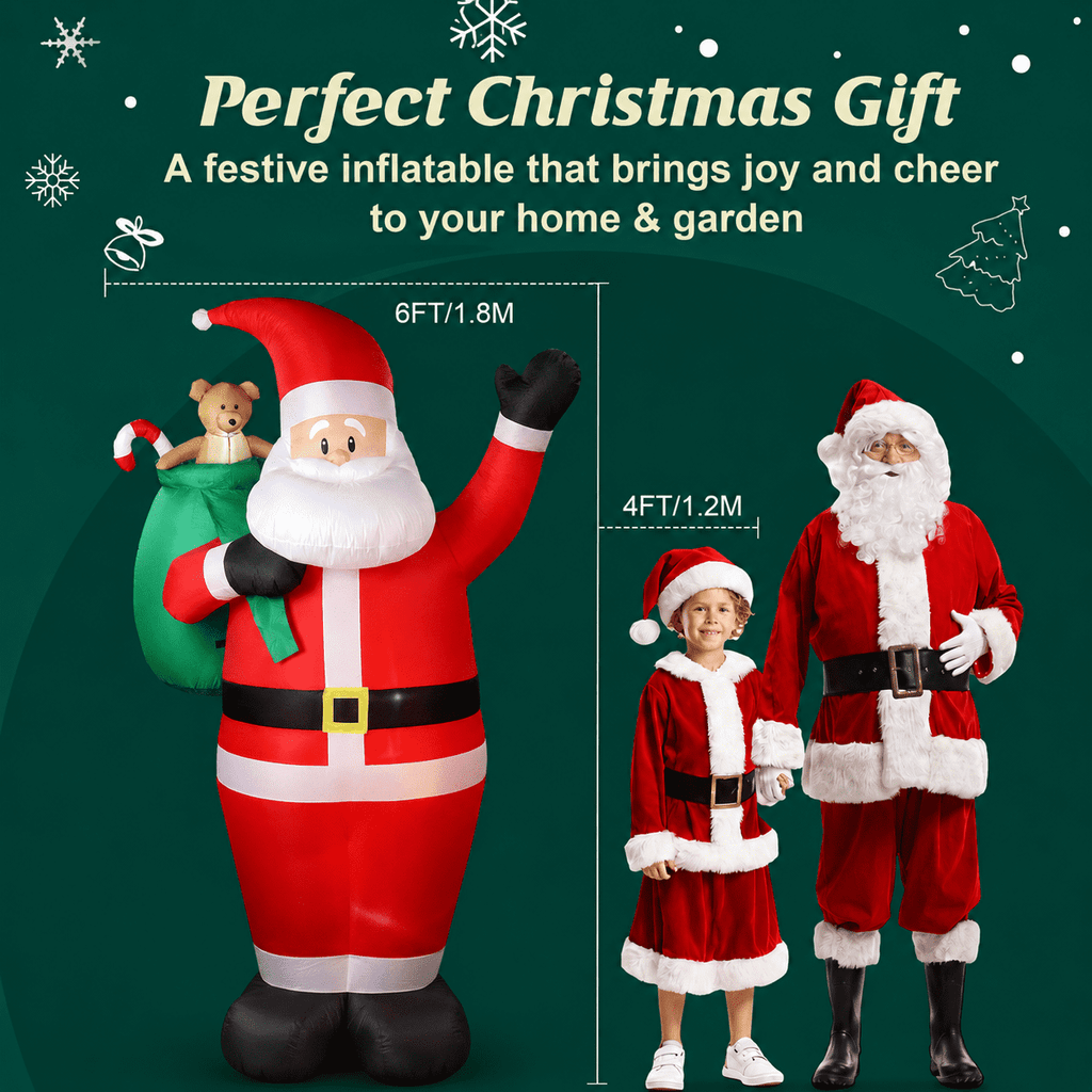 EssPur 6 FT Christmas Inflatable Santa Claus with Gift Bag & Candy Cane, LED Lighted Blow Up Outdoor Christmas Decoration, IP68 Waterproof Holiday Decor for Yard, Lawn, Garden, Porch and Indoor Use